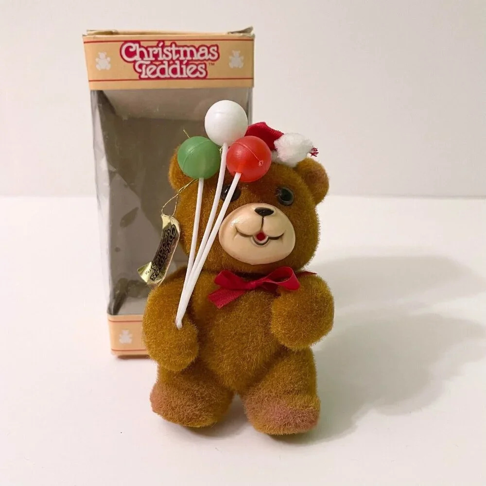 Vintage Jasco Flocked Velvet Christmas Teddies 4 Inch Hanging Tree Ornament
